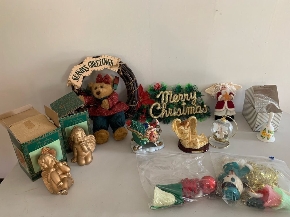 Christmas Wreath, Angel Figurines, and Holiday Ornaments