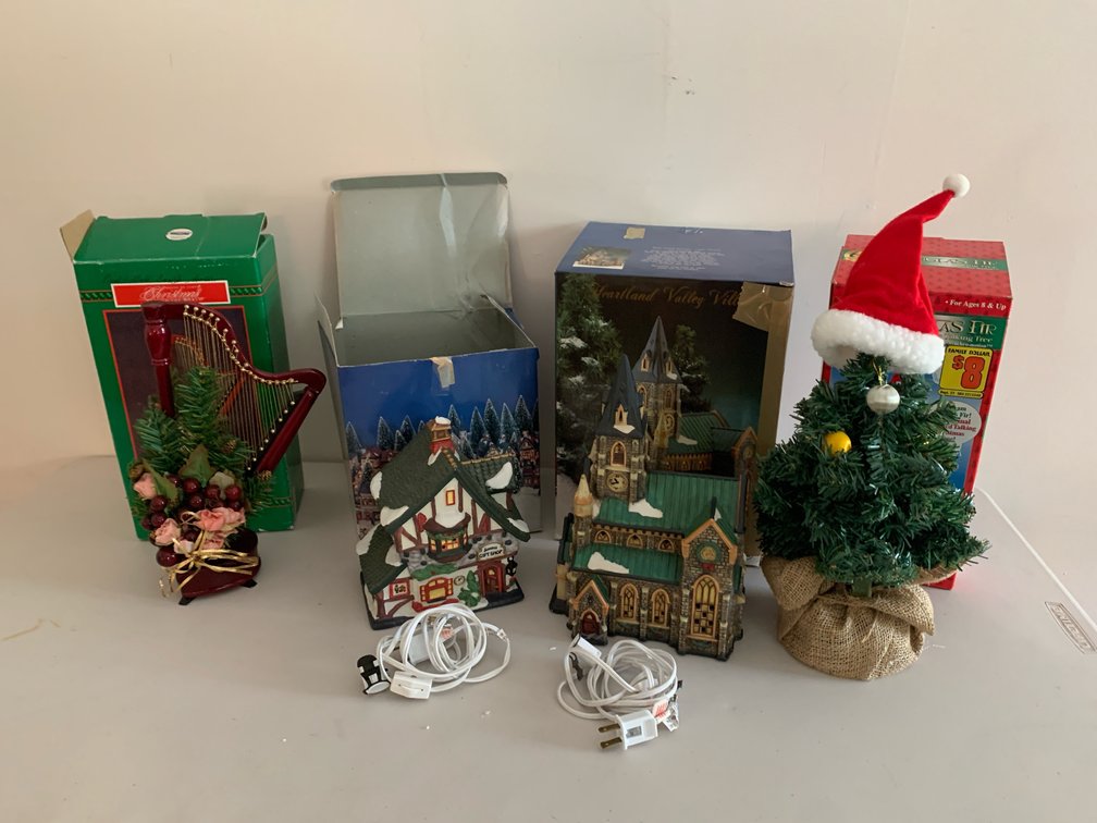 Holiday Village Buildings, Animated Tree, and Harp Centerpiece