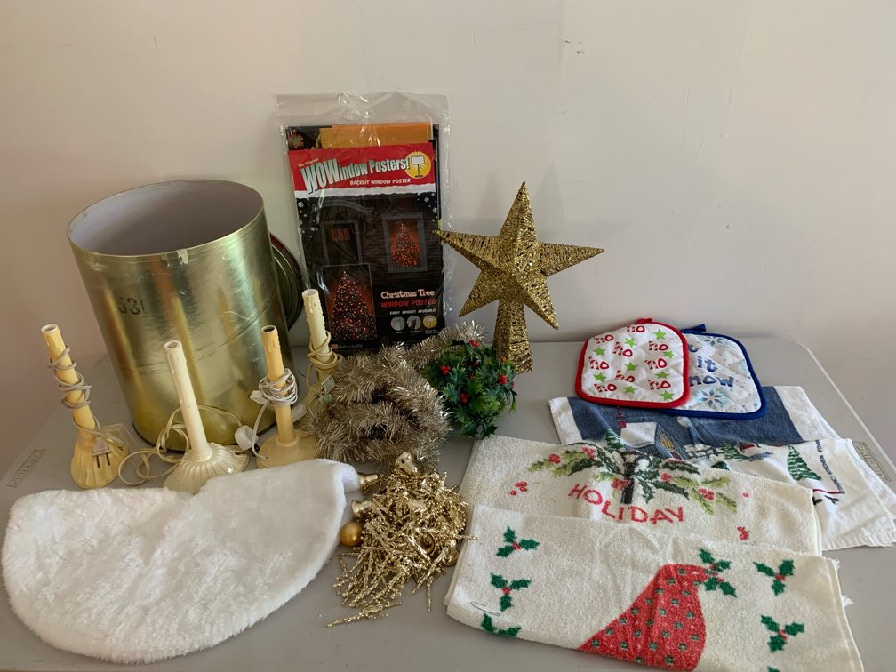Holiday Decor, Electric Window Candles, and Kitchen Linens