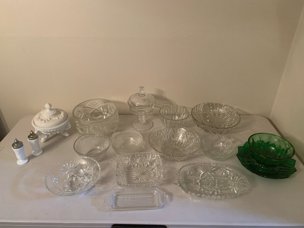 Clear Pressed Glass, Milk Glass, and Green Glass Tableware