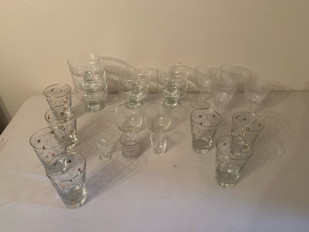 Gold-Accented Glass Tumblers, Footed Bowls, and Stemware