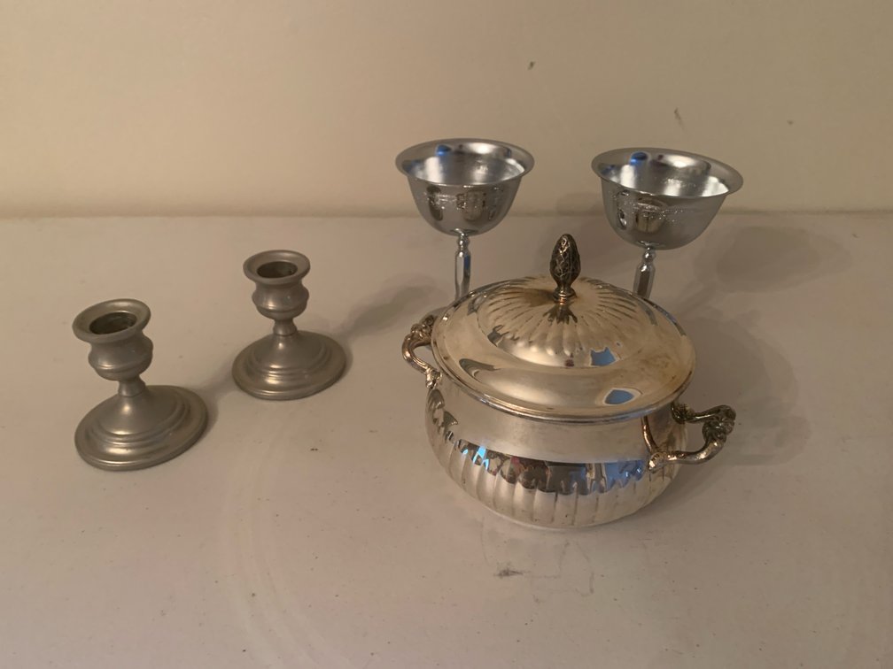 Silver-Tone Lidded Bowl, Goblets, and Candlesticks