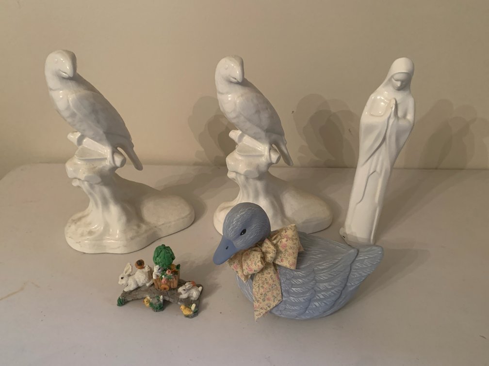 Ceramic Bird Figurines, Madonna, Duck, and More