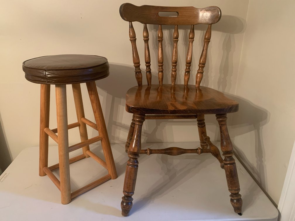 Wooden Spindle-Back Chair and Round Padded Bar Stool
