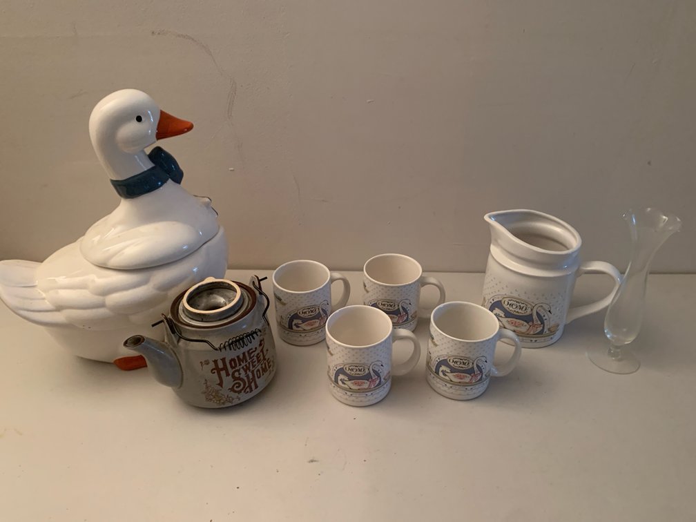 Ceramic Duck Cookie Jar, Swan Motif Pitcher Set, and Teapot