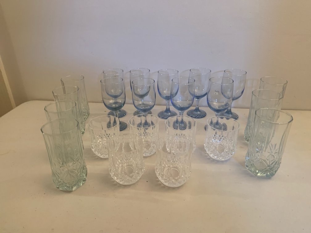 Blue Stemmed Goblets, Cut Glass Tumblers, and Highballs