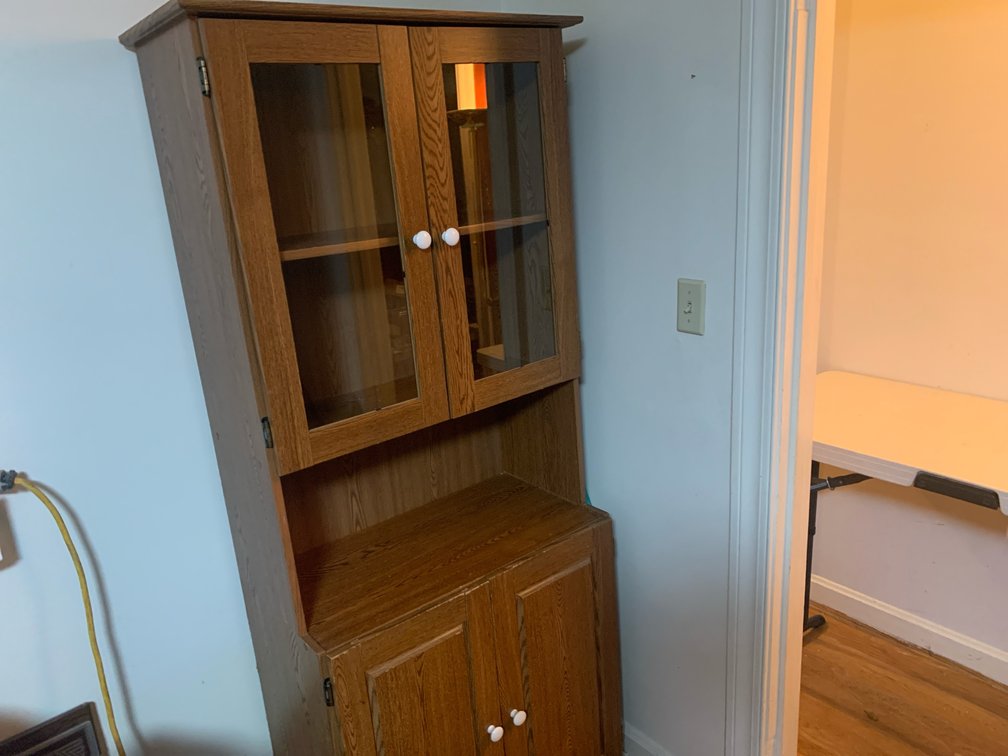 Oak-Finish Tall Hutch Cabinet with Glass Doors