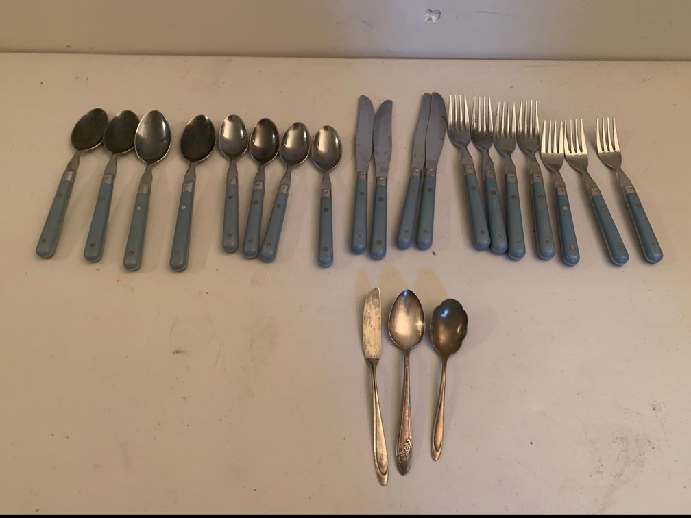 Flatware Set with Blue Handles and Silverplate Flatware