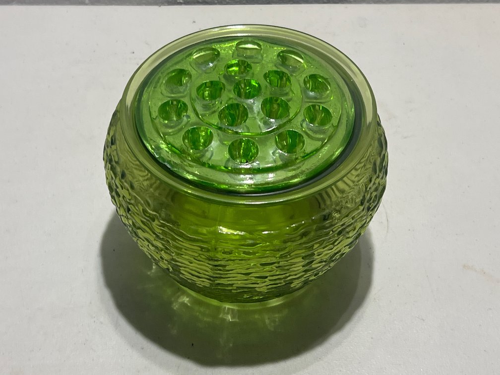 Green Textured Glass Bowl with Flower Frog Insert