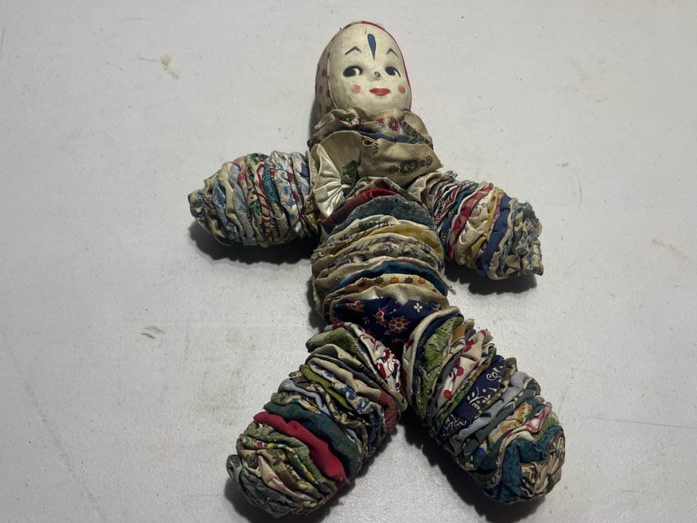 Fabric Yo-Yo Clown Doll with Painted Molded Face