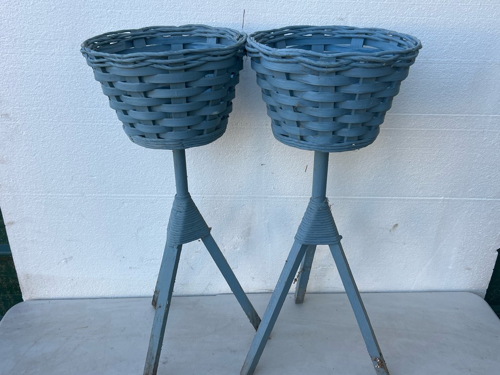 26” H Blue Painted Wicker Basket Plant Stands