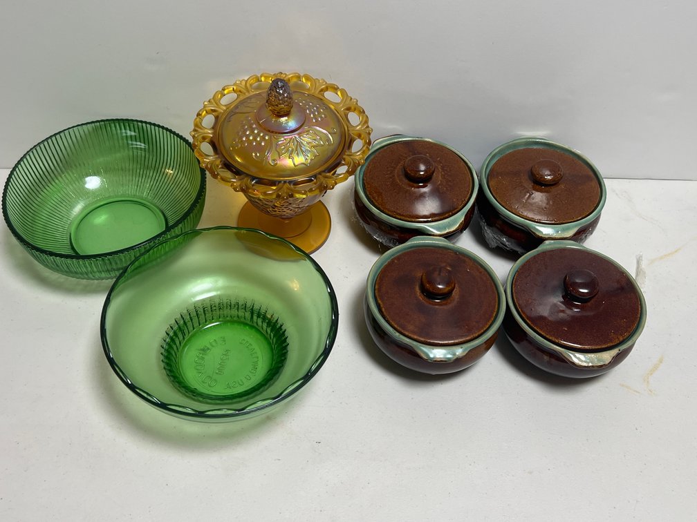 Green Glass Bowls, Carnival Glass Covered Dish, and Ceramic Crocks