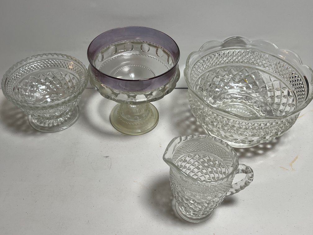 Pressed Glass Kings Crown/ Thumbprint Pedestal Compote, Bowls, and Pitcher