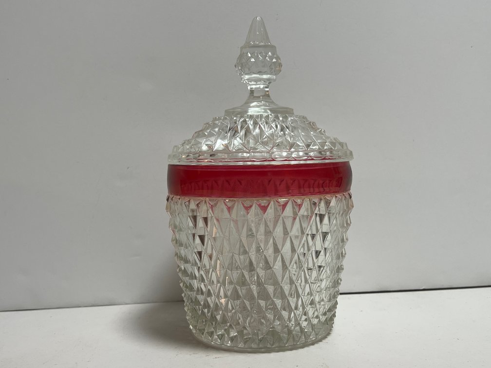 Ruby-Stained Pressed Glass Diamond Point Lidded Jar
