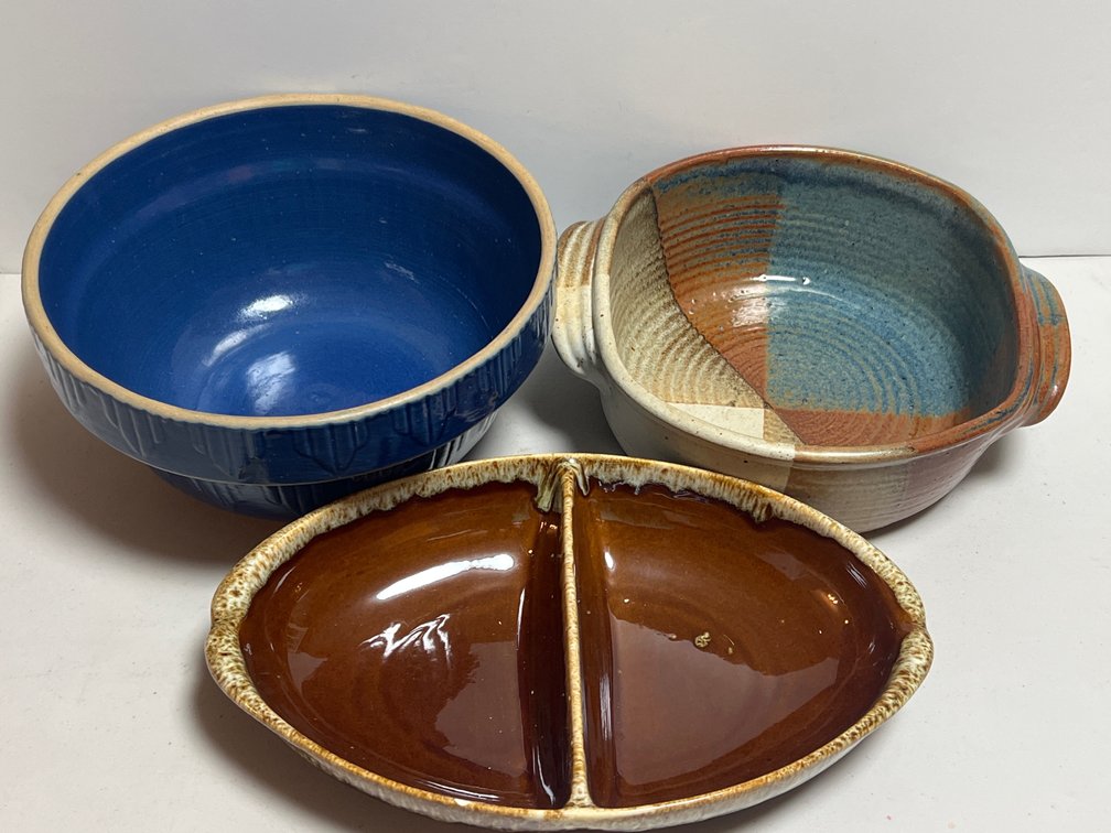 Ceramic Mixing Bowl, Studio Pottery Casserole, and Divided Dish