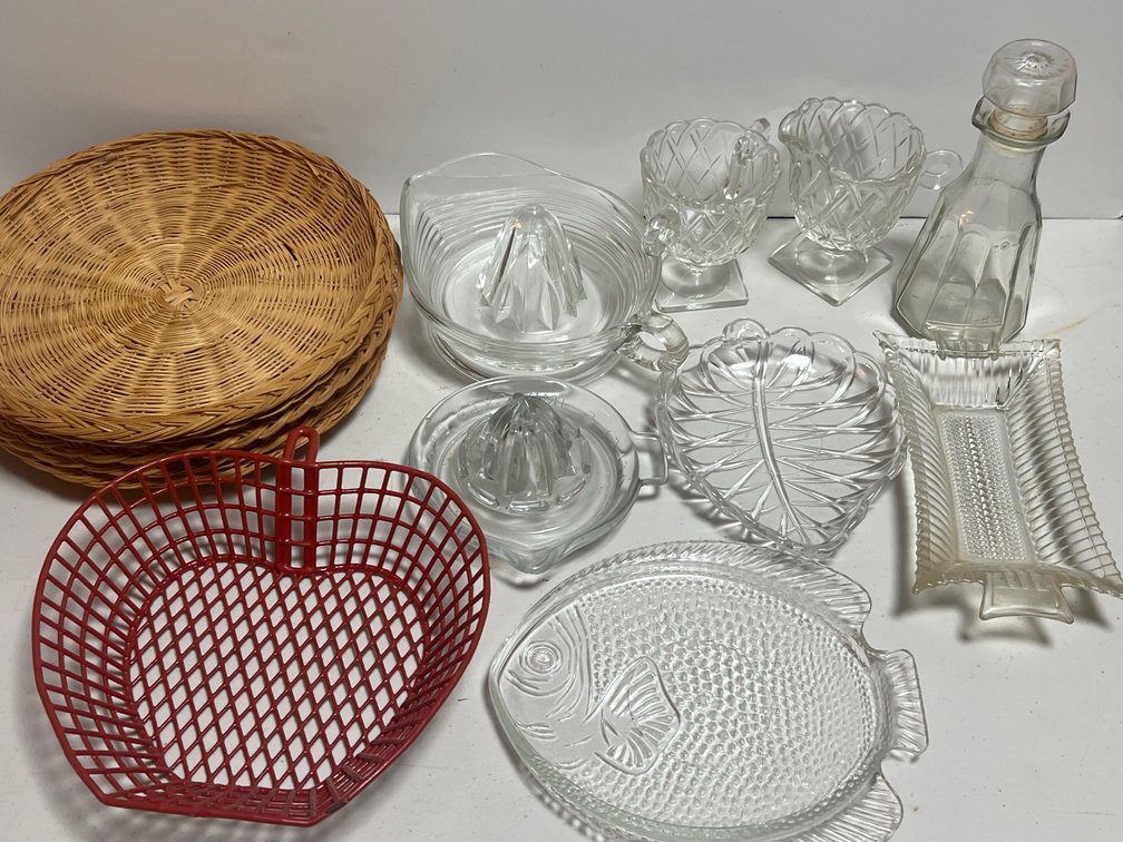 Pressed Glass Tableware, Citrus Reamers, and Wicker Trays