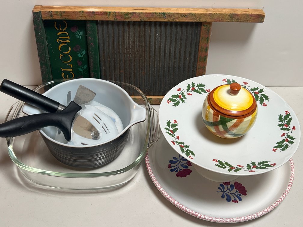 Decorative Washboard, Glass Bakeware, Tableware, and Utensils