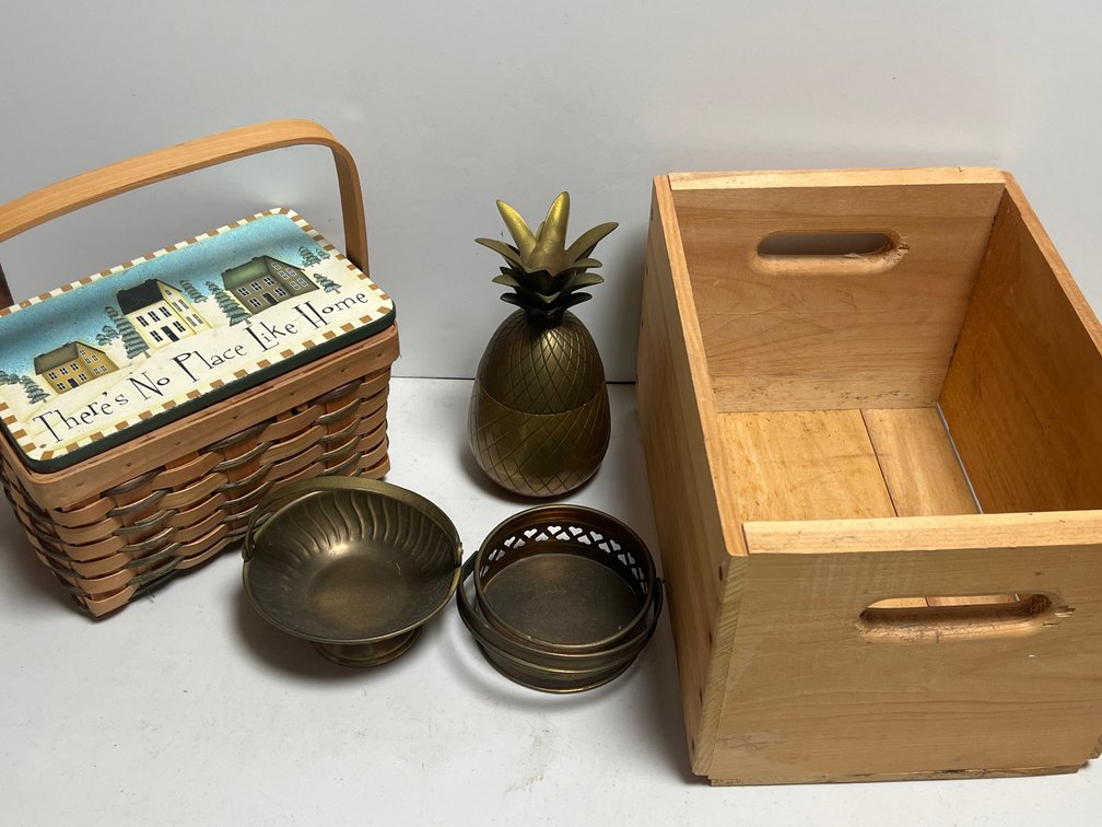 Woven Wood Splint Basket, Brass Decor, and Wooden Crate