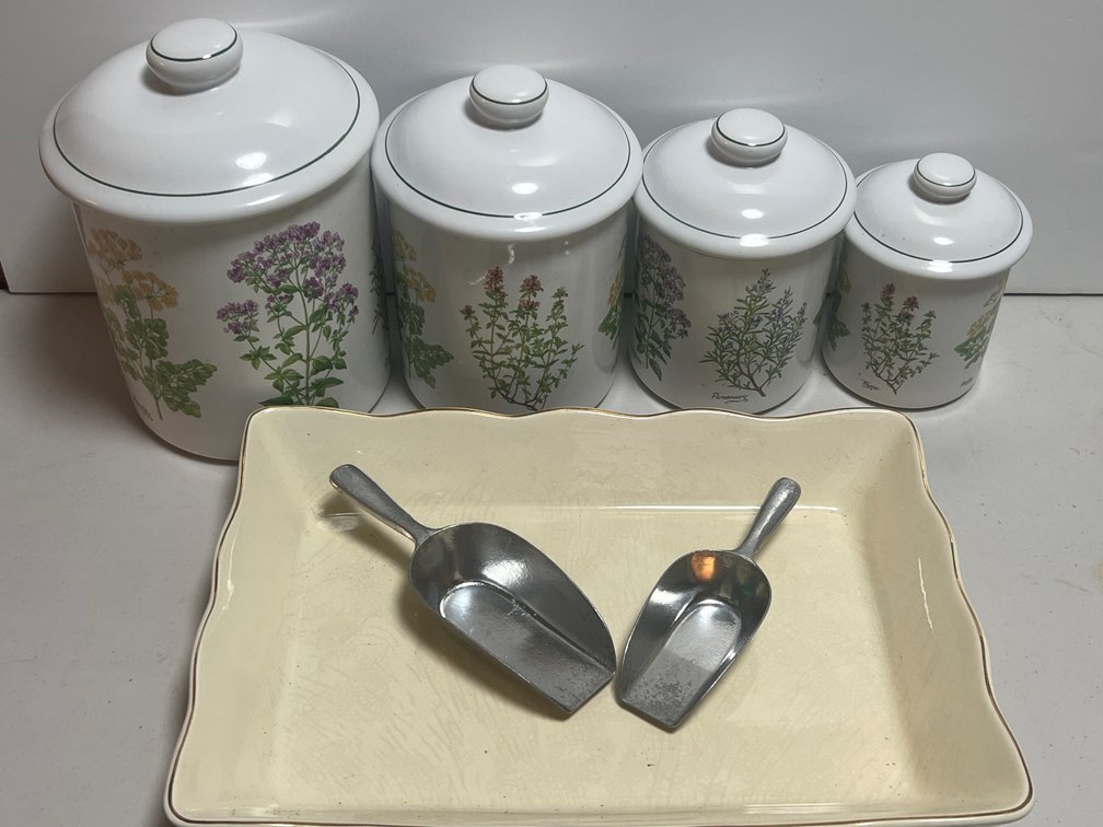 Botanical Herb Canisters, Ceramic Tray, and Metal Scoops