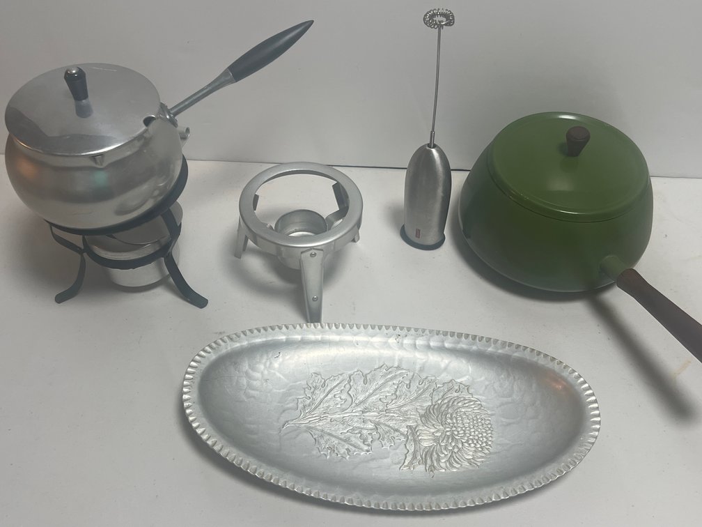 Fondue Pots, Hammered Aluminum Tray, and Milk Frother