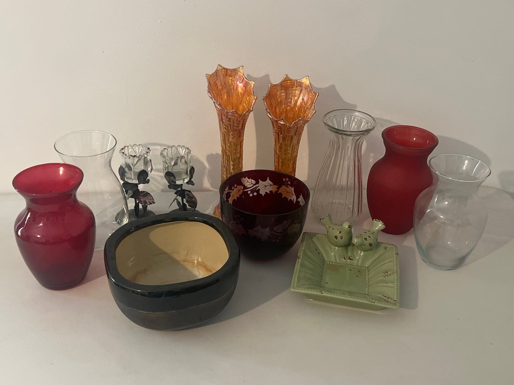 Carnival Glass Vases, Ruby Glassware, and Ceramics