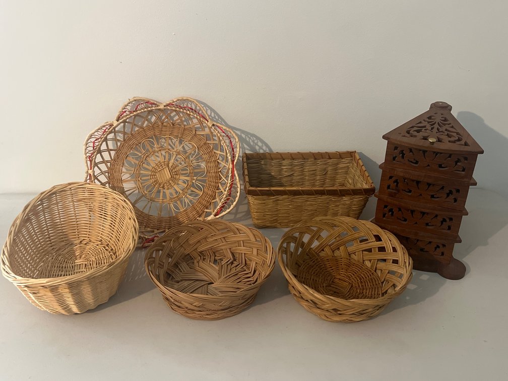 Carved Wood Tiered Swivel Box and Woven Baskets