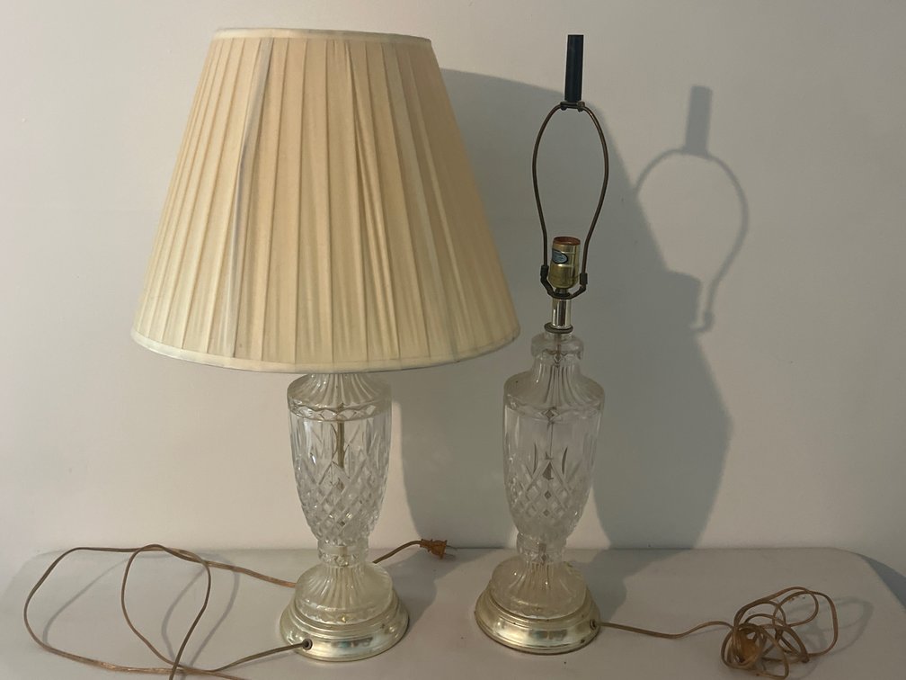 Pair of Cut Glass Urn Table Lamps with Pleated Shade