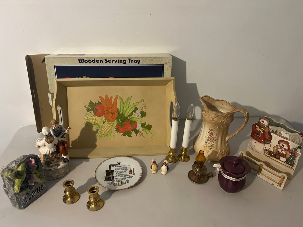 Wooden Serving Tray, Ceramic Pitcher, and Home Decor