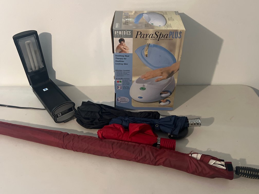 Paraffin Bath, Folding Desk Lamp, and Umbrellas