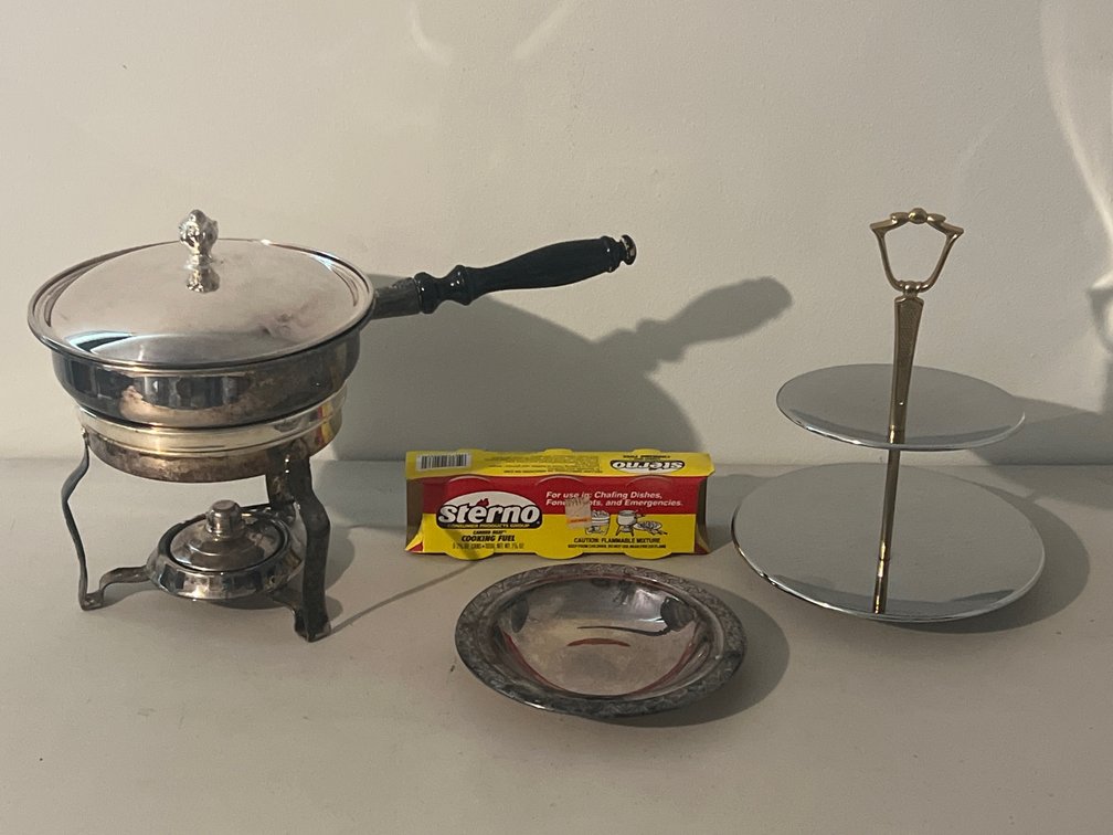 Chafing Dish, Two-Tier Stand, Round Dish, and Cooking Fuel
