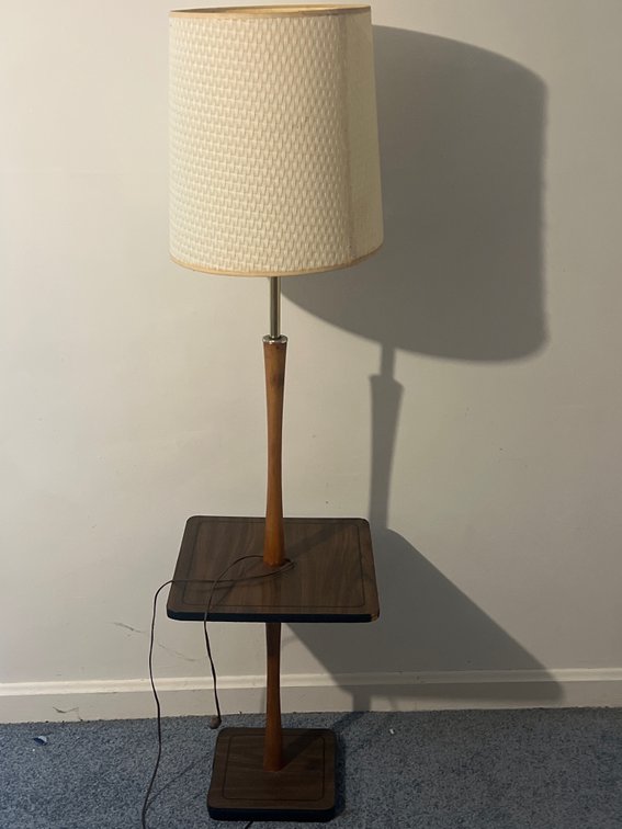 Wood Floor Lamp with Integrated Table Shelf and Drum Shade