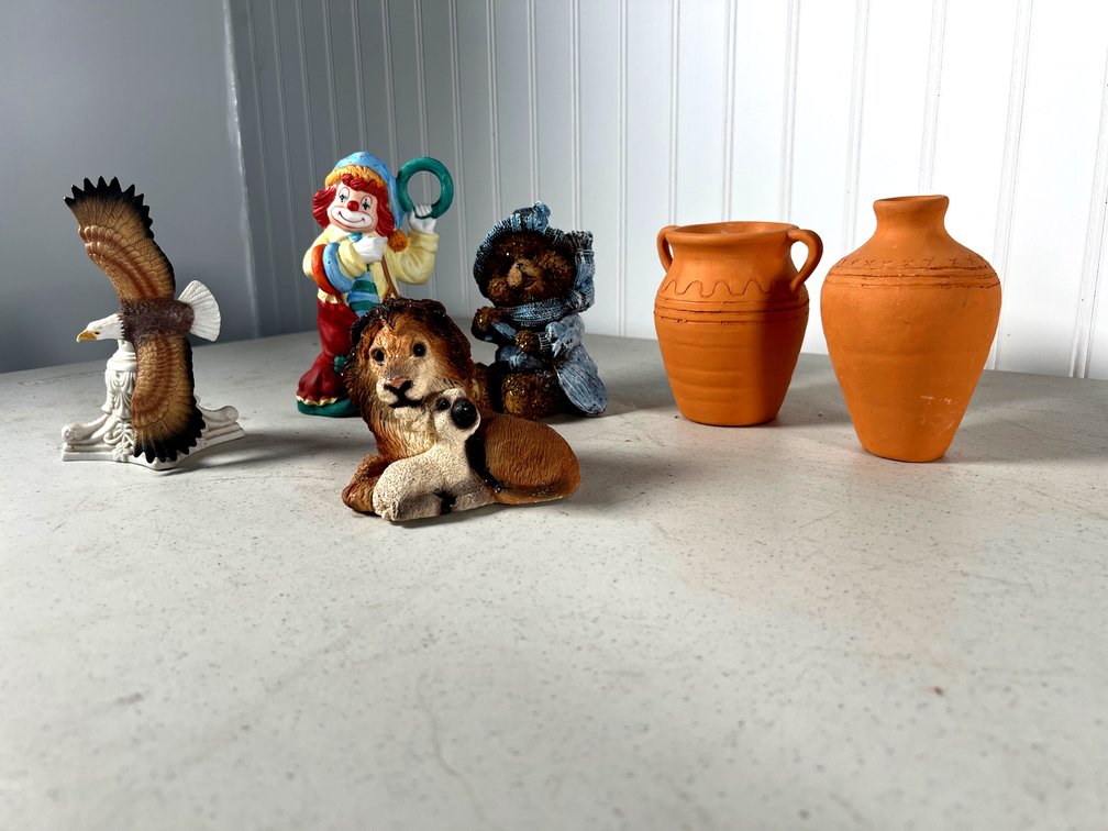 Lot of 6 Figurines and Clay Pots (3” - 6” Tall)