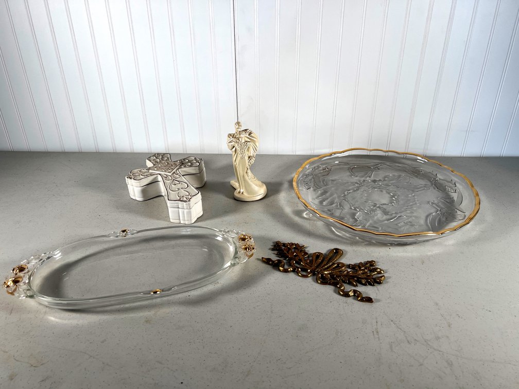 Collection of Figurines and Gold Trimmed Glass Platters