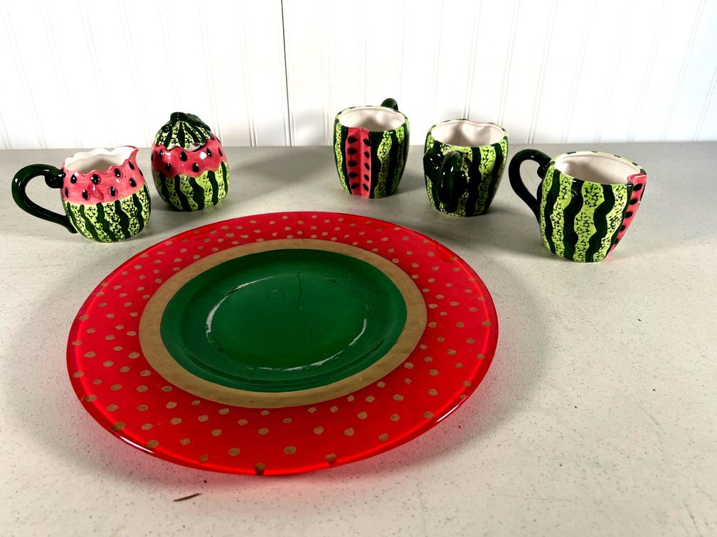 Watermelon Inspired Sugar and Creamer, 3 Mugs with 13.5” Platter
