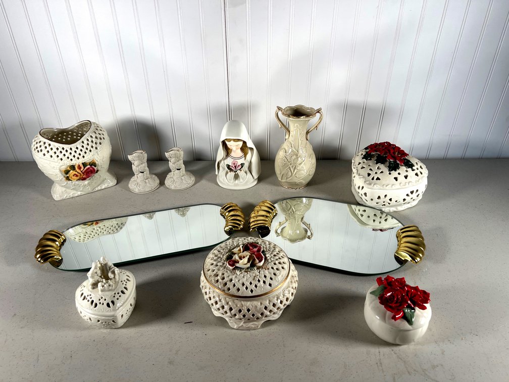 Collection of Porcelain Vases, Covered Dishes and Candlesticks with 2  Vanity Top Mirrors