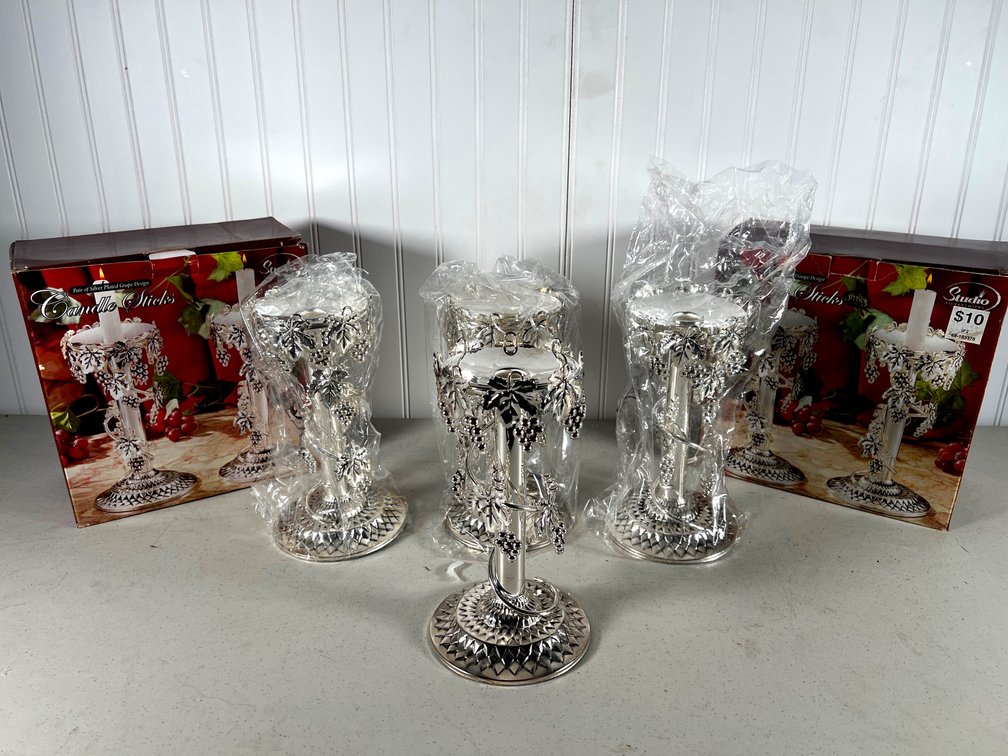 Lot of 4 (2 sets of 2) Silver Plated Grape Design Candle Sticks
