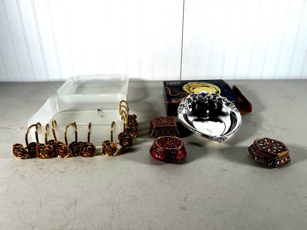 3 Trinket Boxes, Brass Plated Candy Dish & 12 Curtain Holders