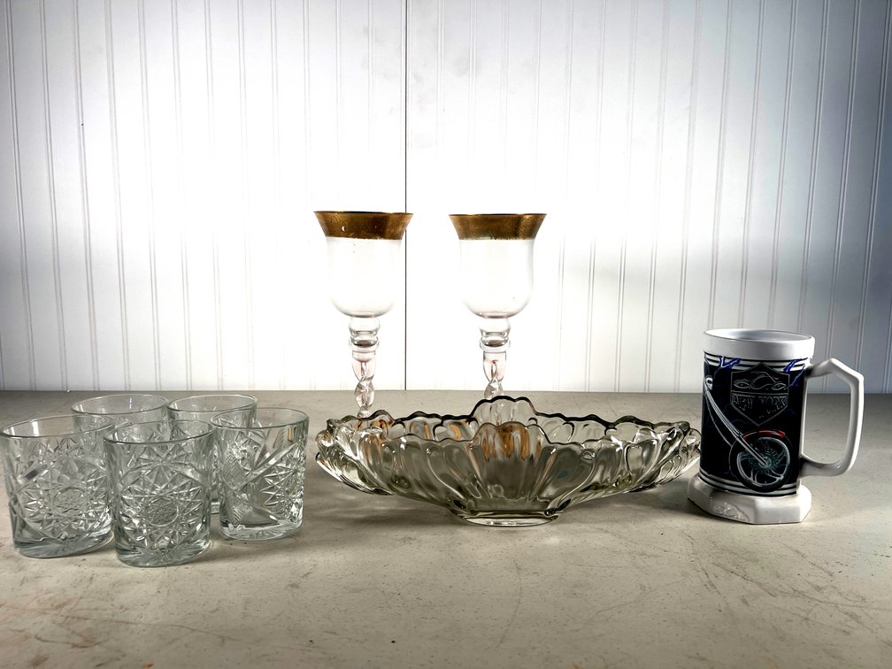 Lot of Leaded Glass Pieces, Candle Holders, Orange County Choppers Mug