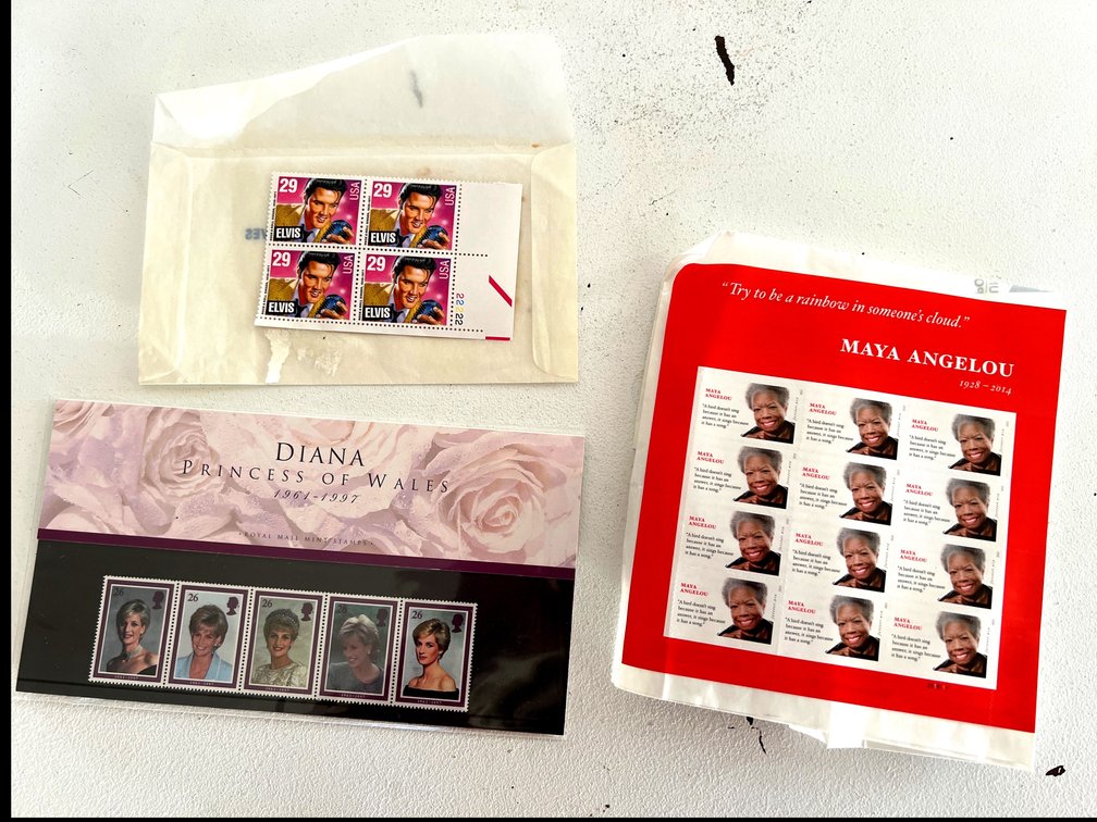 Set of Collectible Postage Stamps - Elvis, Princess Diana, and Maya Angelou