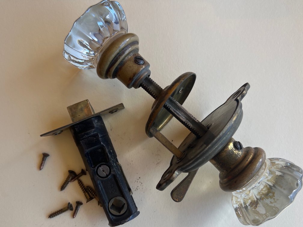 Vintage Glass Doorknob with Brass Spindle & Latch