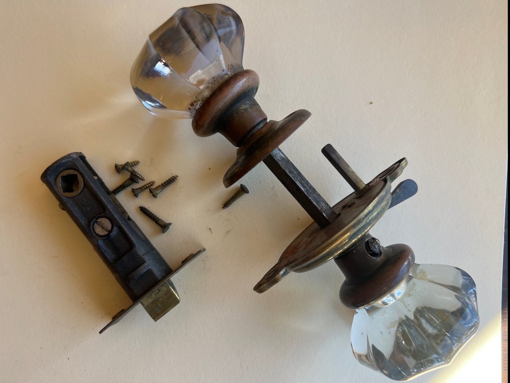 Vintage Glass Doorknob with Brass Spindle & Latch