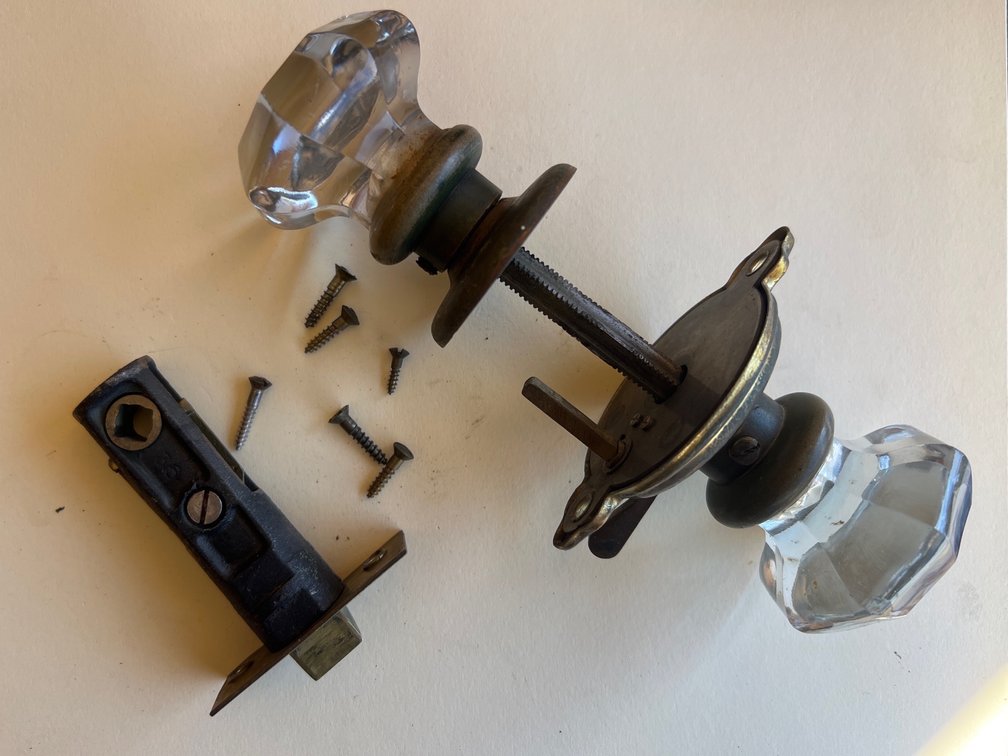 Vintage Glass Doorknob with Brass Spindle & Latch
