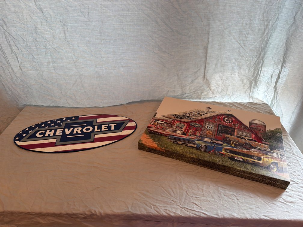 Chevrolet Metal Sign and Retro Barn Canvas Art
