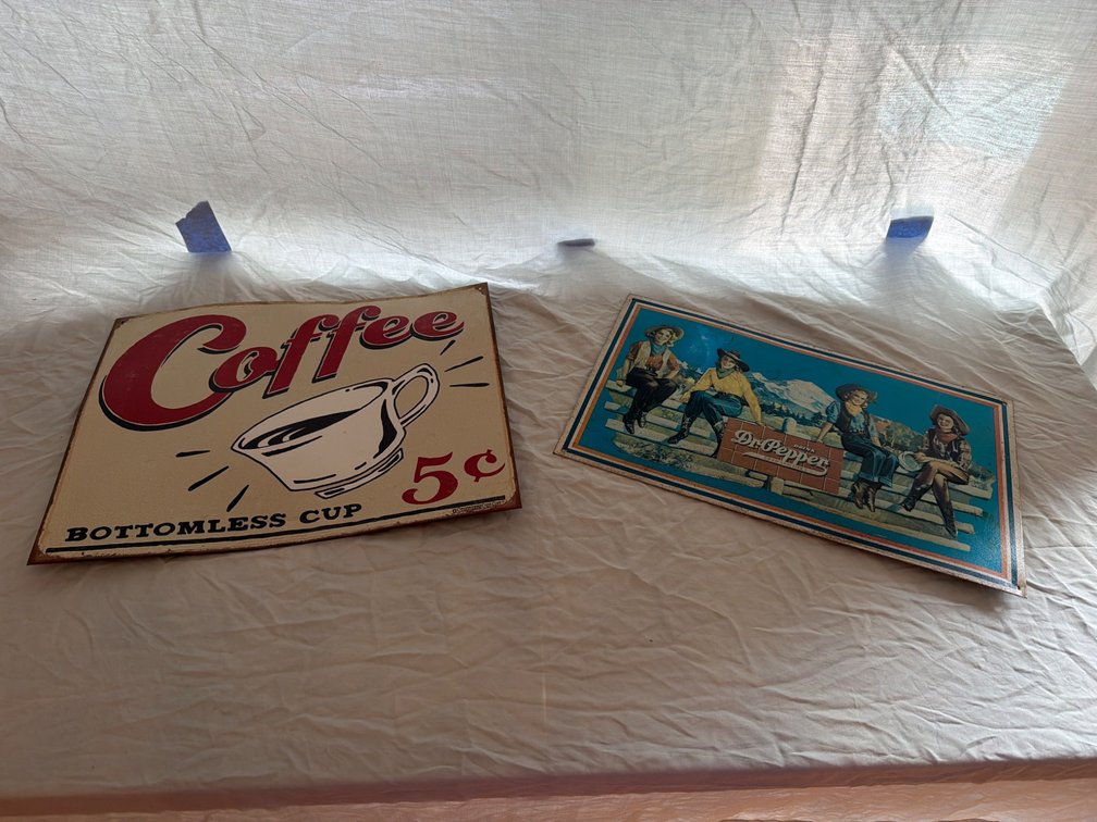 Two Tin Advertising Signs for Coffee and Dr Pepper