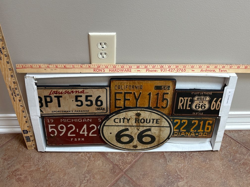 Vintage License Plates and Route 66 Sign