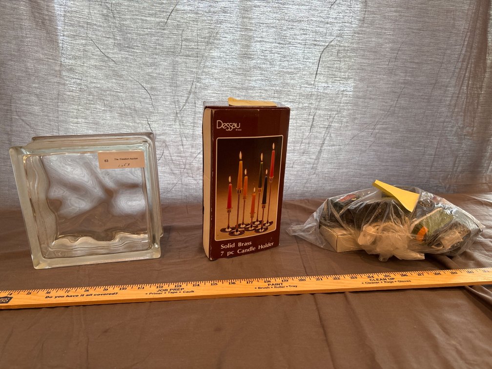 Lot: Glass Block, Brass Candle Holder, Village Light