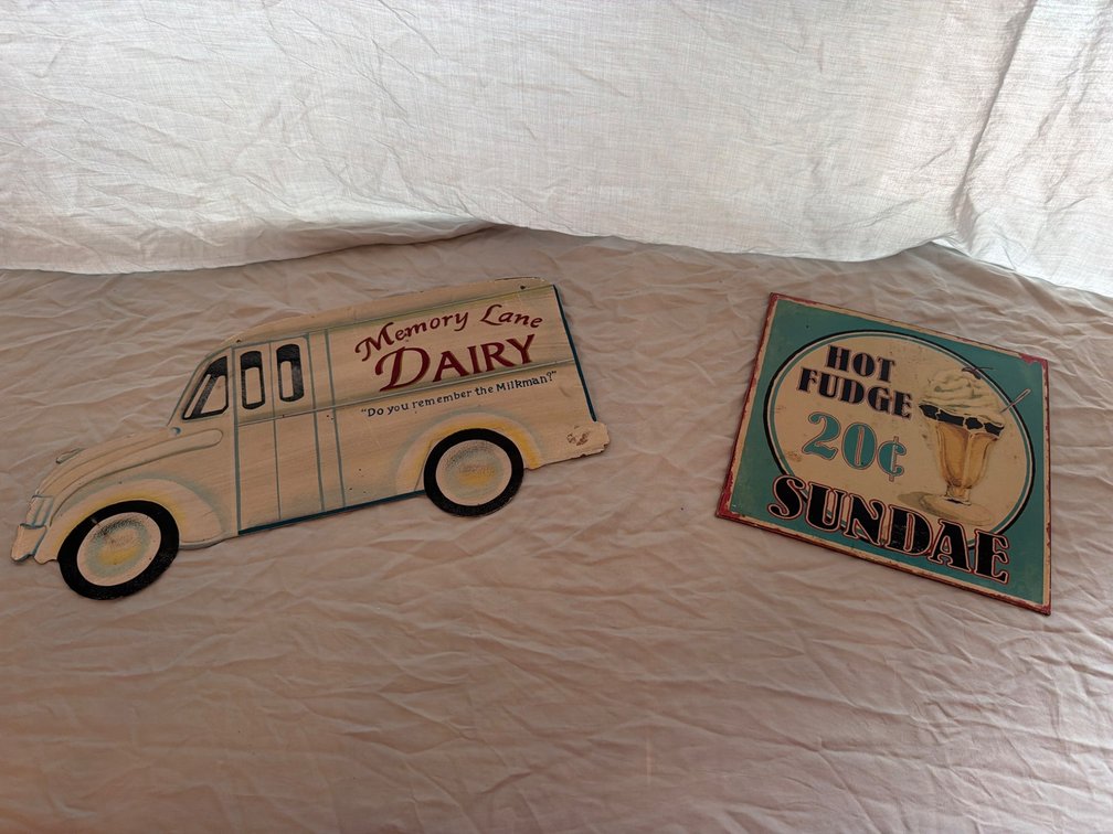 Vintage-Style Metal Signs: Dairy Truck and Sundae Ad