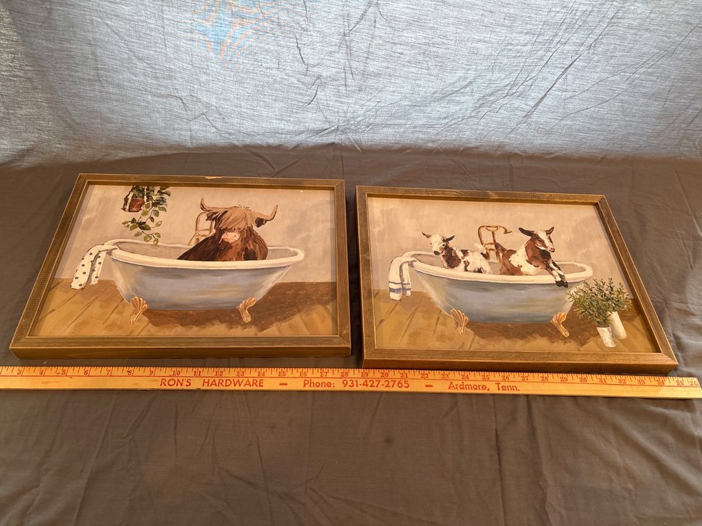 Two Framed Animal Bathtub Paintings