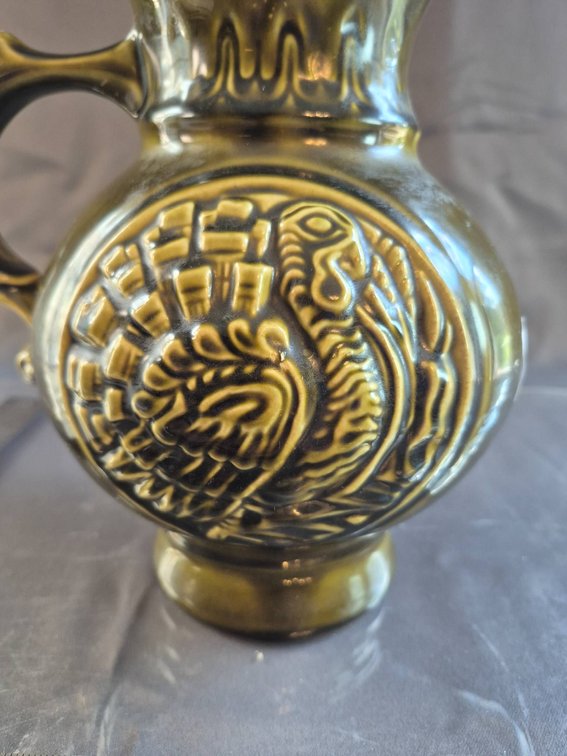 Green Glazed Pottery Pitcher with Embossed Turkey Motif