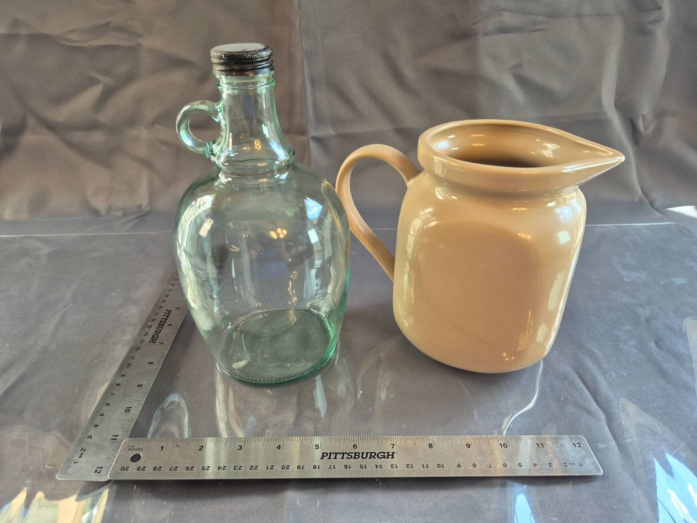 Green Glass Jug with Metal Cap and Ceramic Pitcher by Omnibus Japan